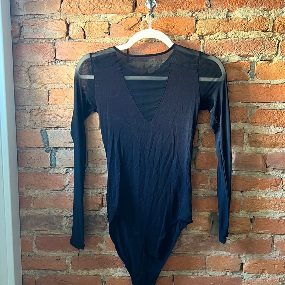 Long sleeve deep v cut black body suit